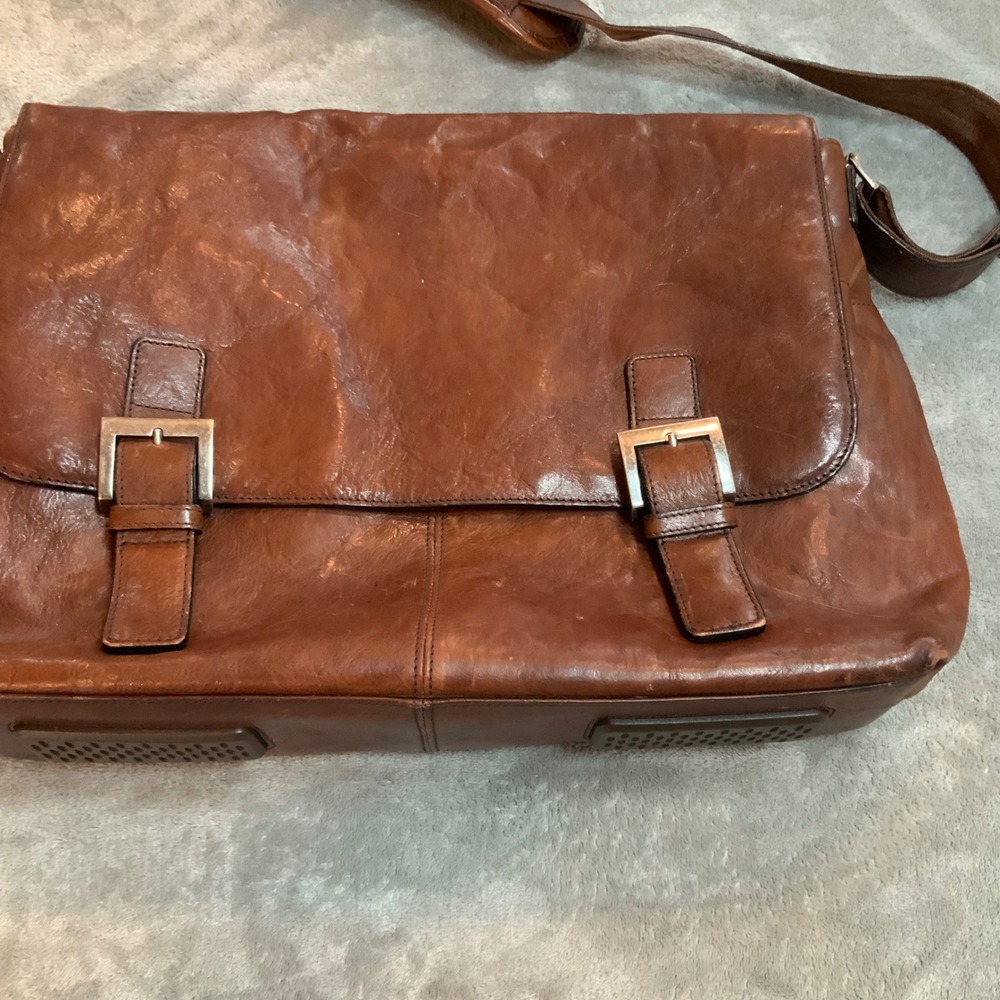 Johnston & Murphy Mens Brown Leather Messenger Bag Laptop Satchel Briefcase - Picture 2 of 11